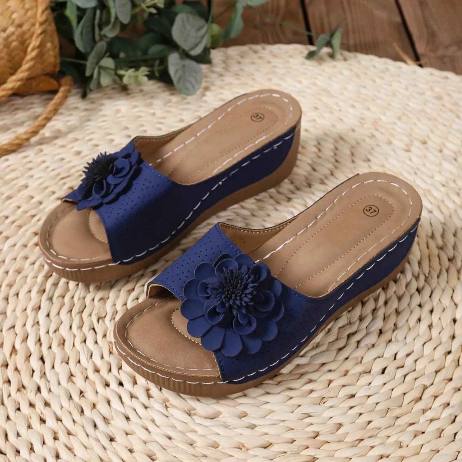 Womens Sandals Block Heel Fish Mouth Flowers Comfortable Hollow Out Open Toe Breathable Adjustable Strappy Shoes