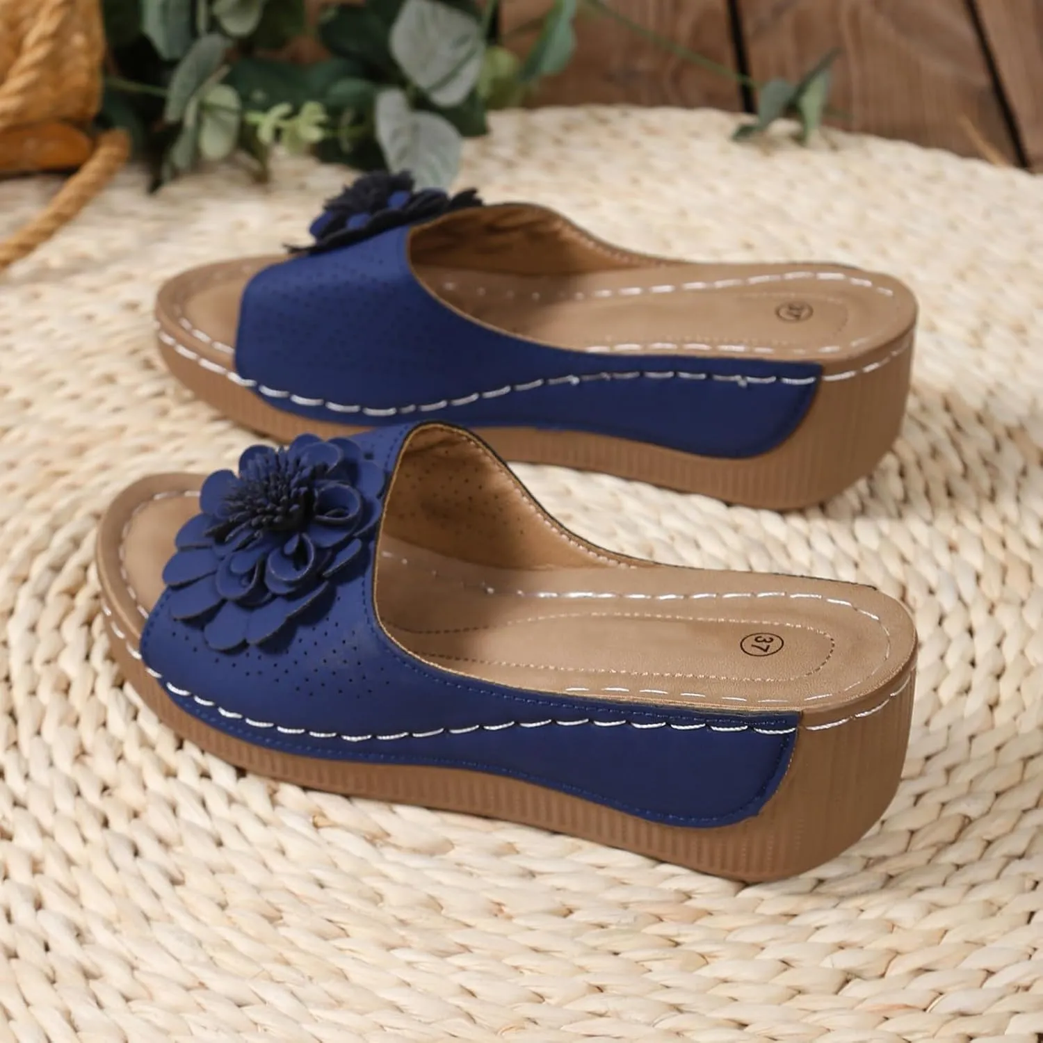 Womens Sandals Block Heel Fish Mouth Flowers Comfortable Hollow Out Open Toe Breathable Adjustable Strappy Shoes