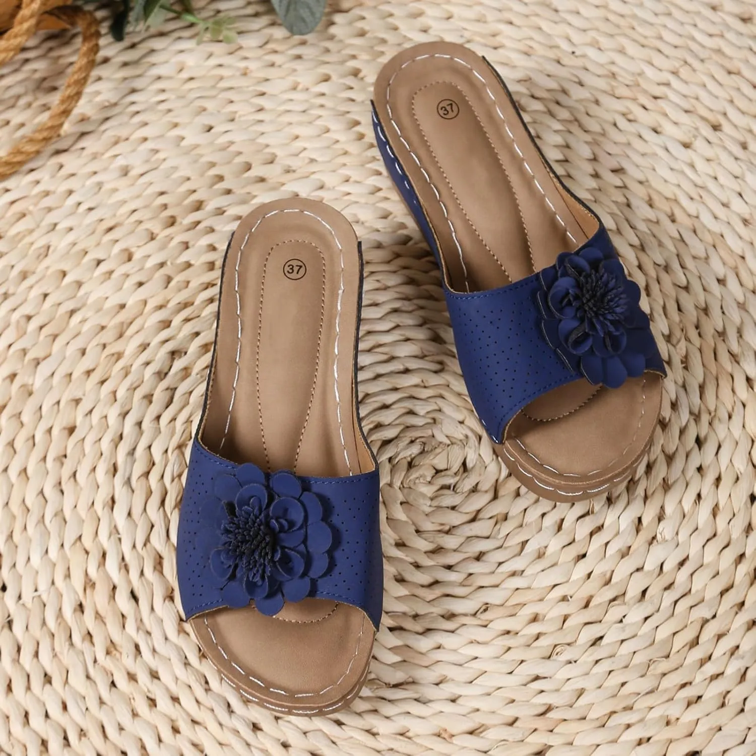 Womens Sandals Block Heel Fish Mouth Flowers Comfortable Hollow Out Open Toe Breathable Adjustable Strappy Shoes