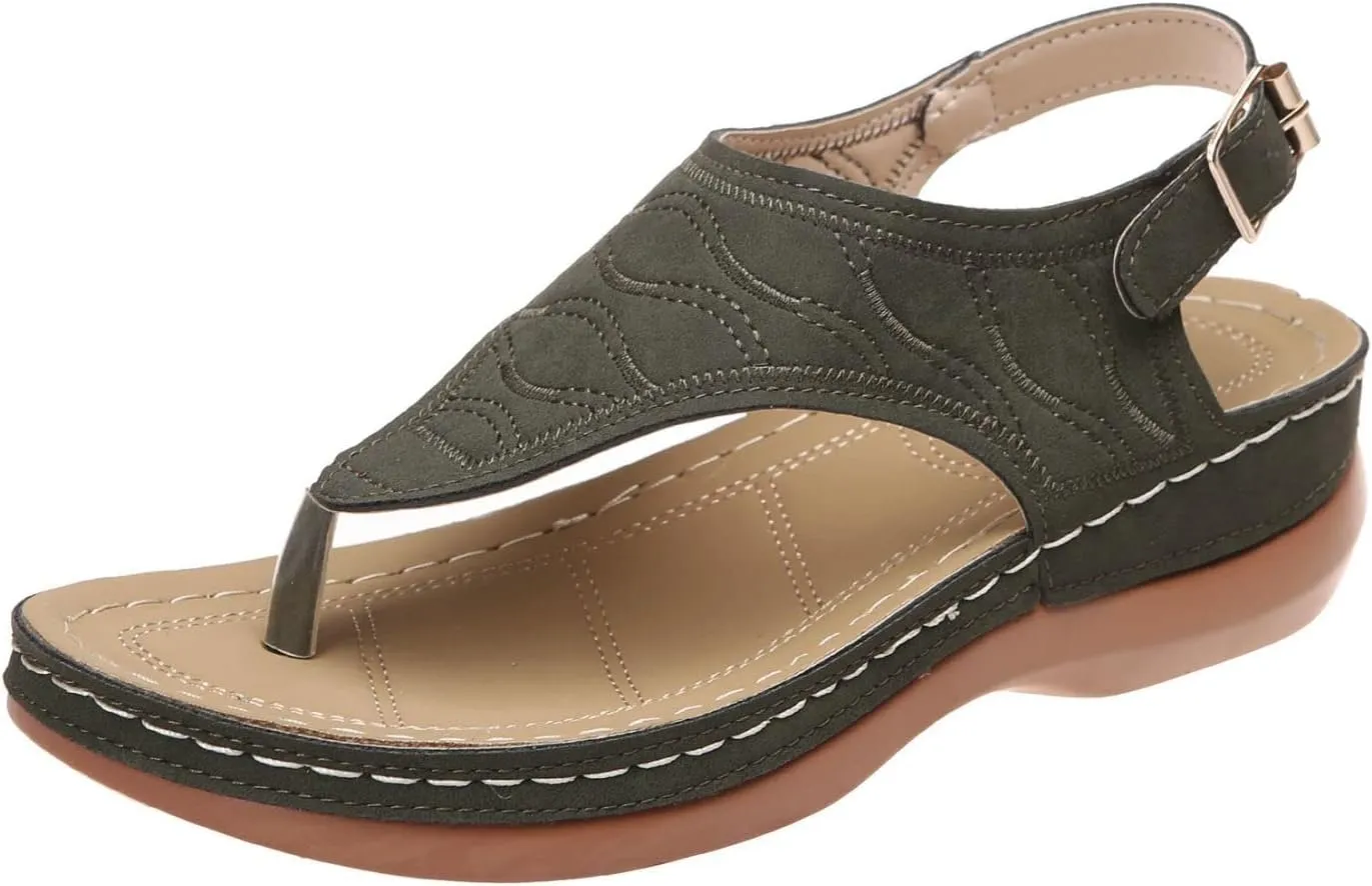 Women's Sandals Thong Slide Flat Slippers Arch Support Sandals with Strappy String Ankle Strap Gladiator Walking Shoes
