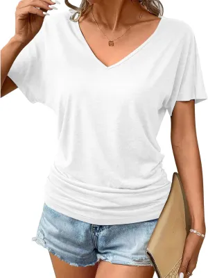 Women's Short Sleeve Shirts V Neck Ruched Tops Business Casual Top Summer Shirt Loose fit tee Solid Basic Clothes