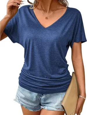 Women's Short Sleeve Shirts V Neck Ruched Tops Business Casual Top Summer Shirt Loose fit tee Solid Basic Clothes