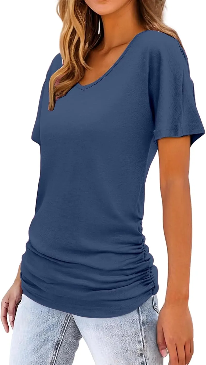 Women's Short Sleeve Shirts V Neck Ruched Tops Business Casual Top Summer Shirt Loose fit tee Solid Basic Clothes