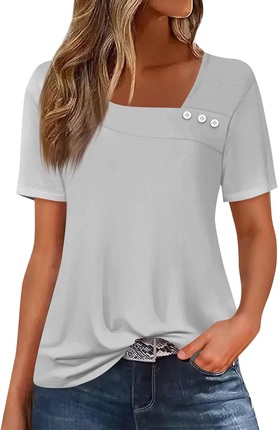 Womens Short Sleeve Tops Casual Asymmetrical Neck Cute Summer Shirts Button Loose Fit Business Dressy Blouses