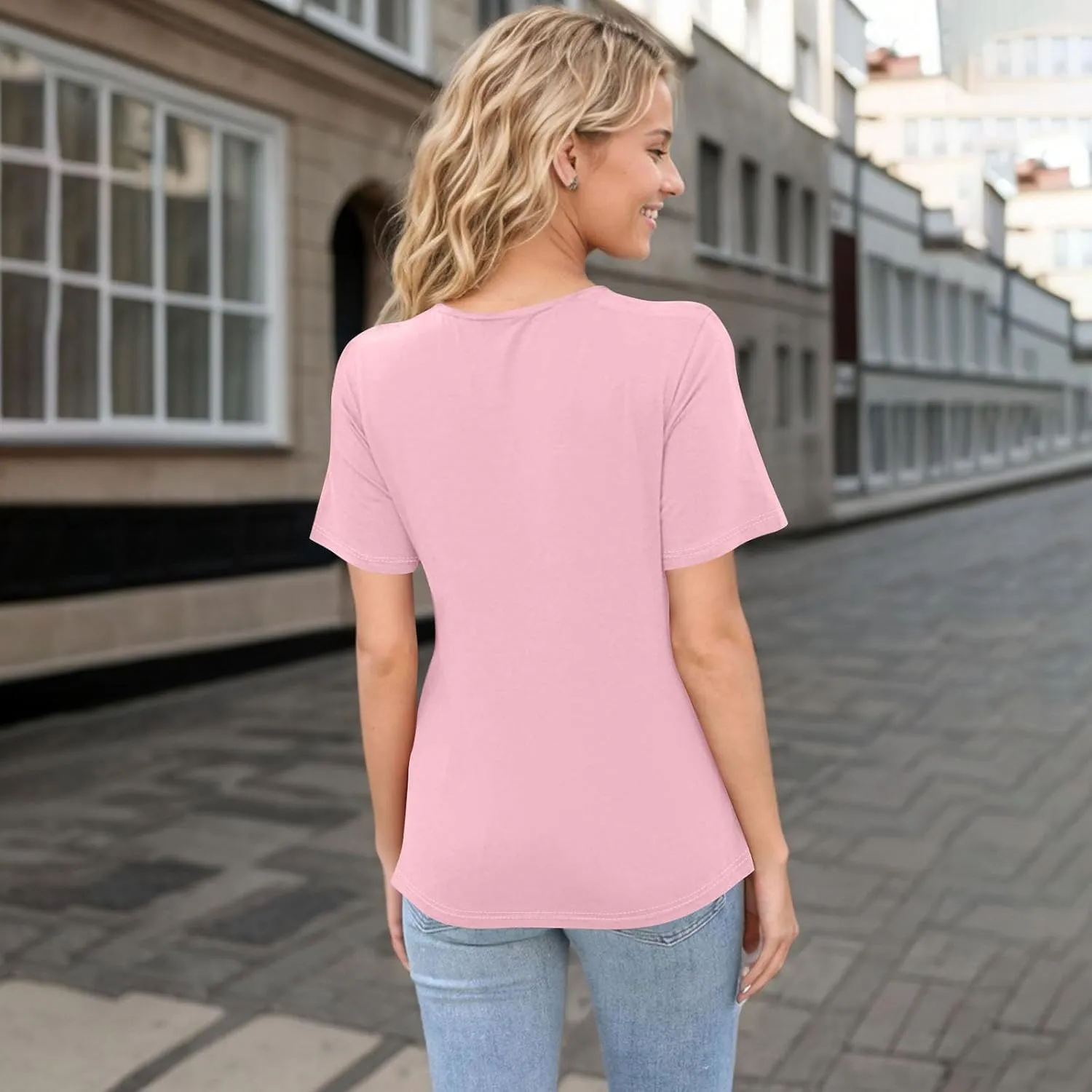 Womens Short Sleeve Tops Casual Asymmetrical Neck Cute Summer Shirts Button Loose Fit Business Dressy Blouses