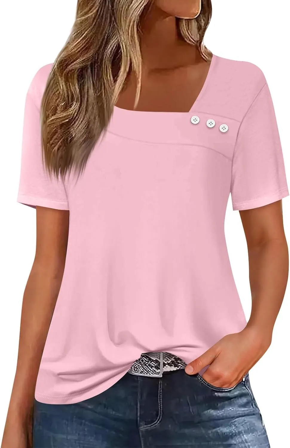 Womens Short Sleeve Tops Casual Asymmetrical Neck Cute Summer Shirts Button Loose Fit Business Dressy Blouses