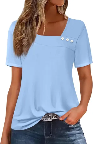 Womens Short Sleeve Tops Casual Asymmetrical Neck Cute Summer Shirts Button Loose Fit Business Dressy Blouses