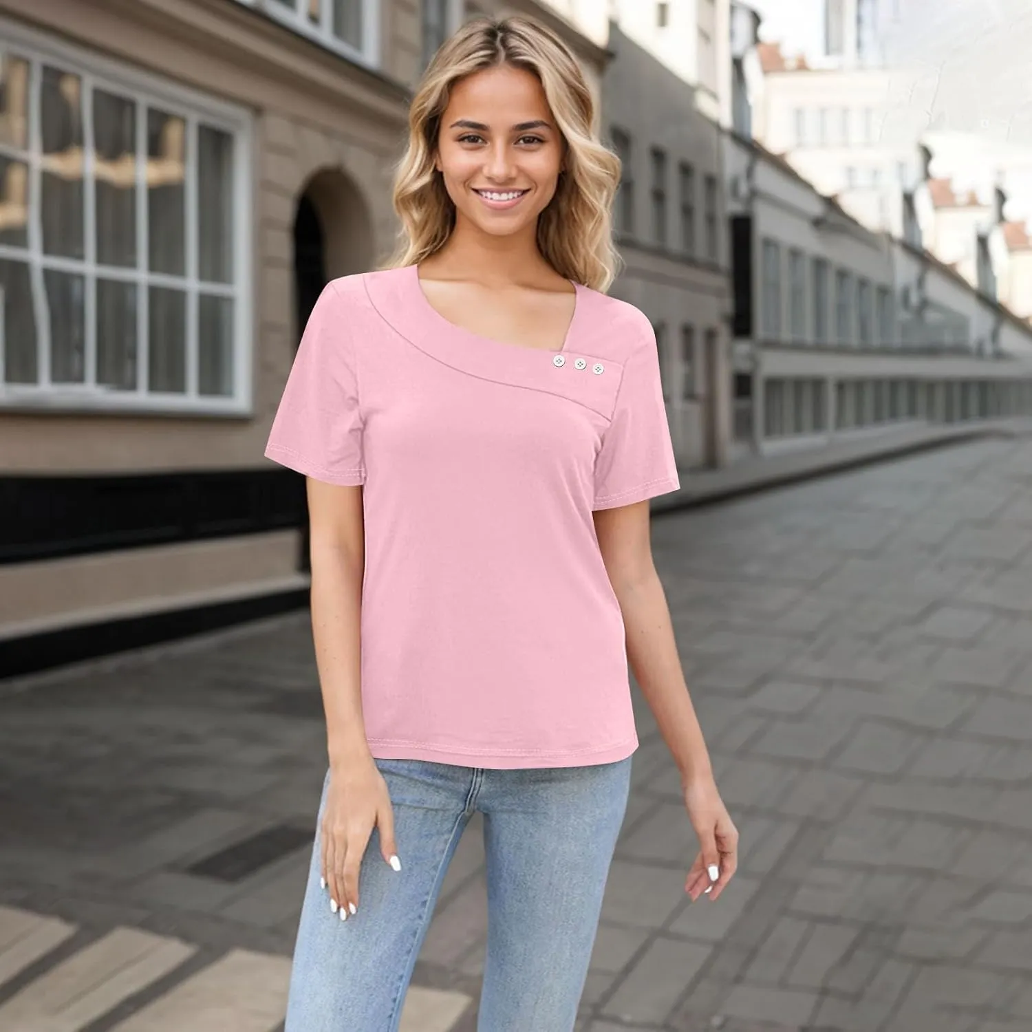 Womens Short Sleeve Tops Casual Asymmetrical Neck Cute Summer Shirts Button Loose Fit Business Dressy Blouses