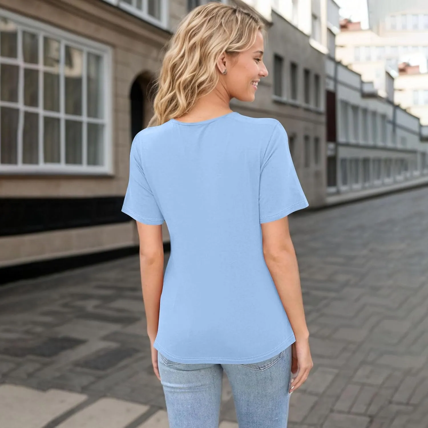 Womens Short Sleeve Tops Casual Asymmetrical Neck Cute Summer Shirts Button Loose Fit Business Dressy Blouses