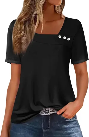 Womens Short Sleeve Tops Casual Asymmetrical Neck Cute Summer Shirts Button Loose Fit Business Dressy Blouses