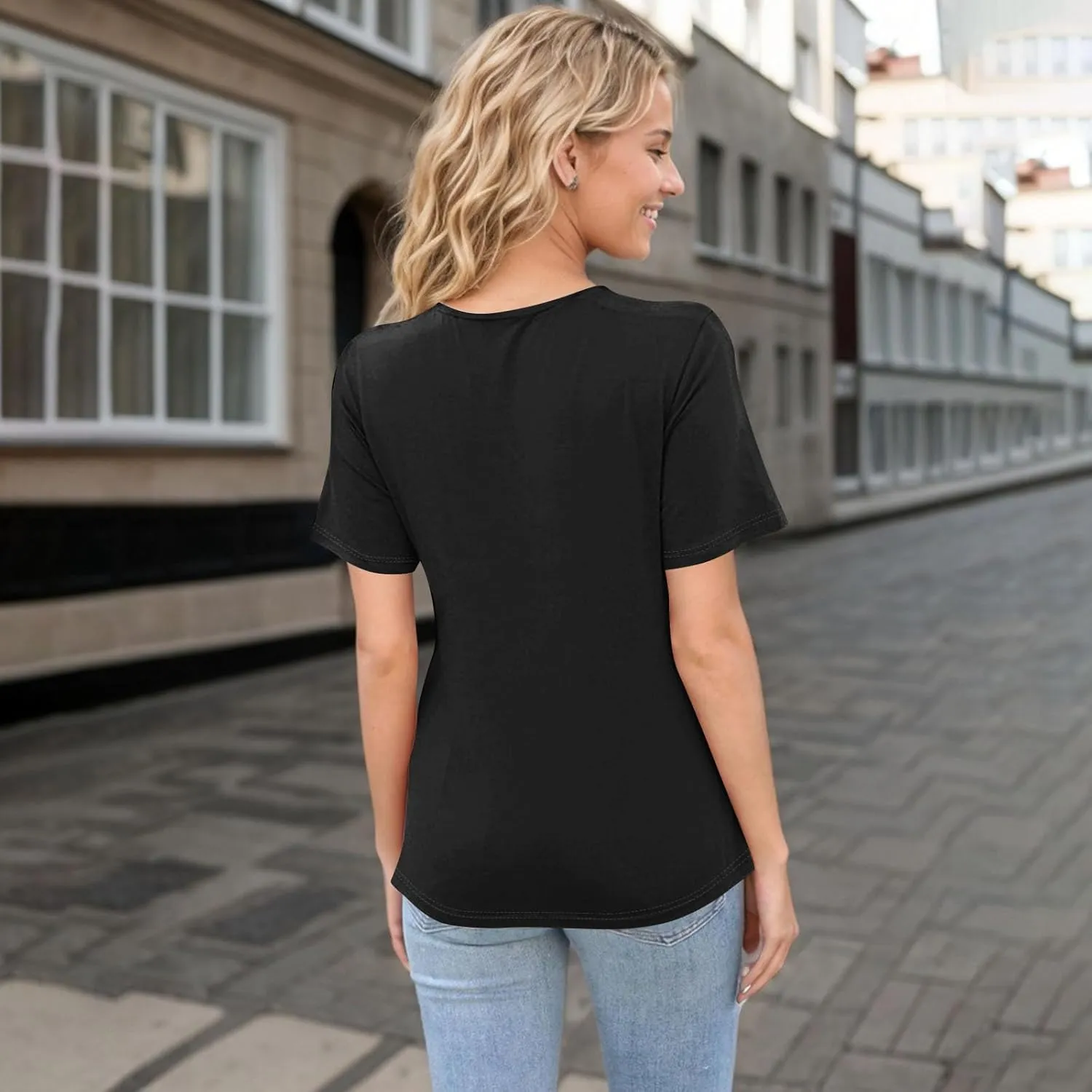 Womens Short Sleeve Tops Casual Asymmetrical Neck Cute Summer Shirts Button Loose Fit Business Dressy Blouses
