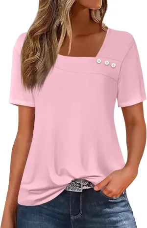 Womens Short Sleeve Tops Casual Asymmetrical Neck Cute Summer Shirts Button Loose Fit Business Dressy Blouses
