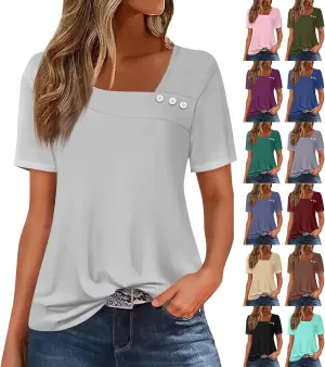 Womens Short Sleeve Tops Casual Asymmetrical Neck Cute Summer Shirts Button Loose Fit Business Dressy Blouses
