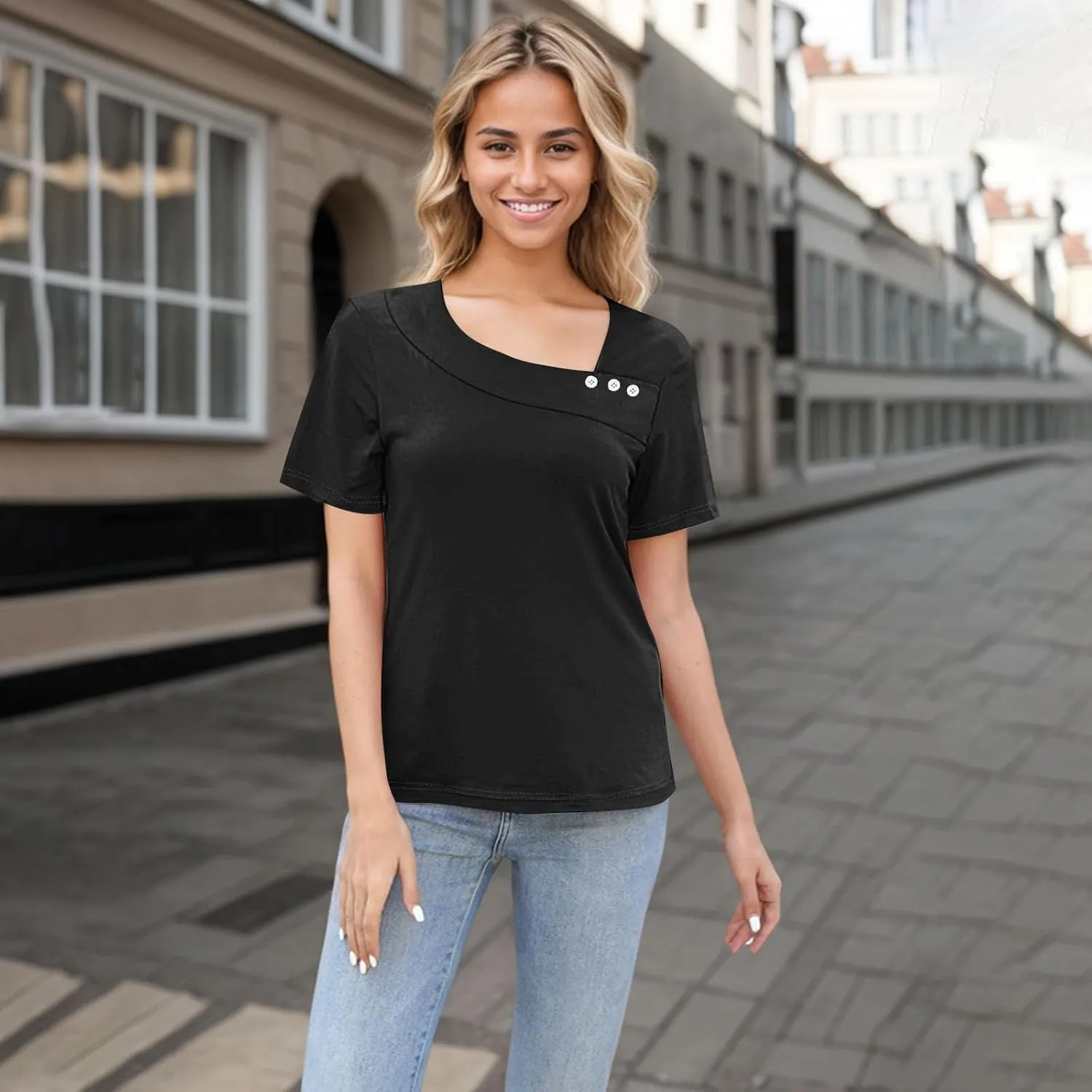 Womens Short Sleeve Tops Casual Asymmetrical Neck Cute Summer Shirts Button Loose Fit Business Dressy Blouses