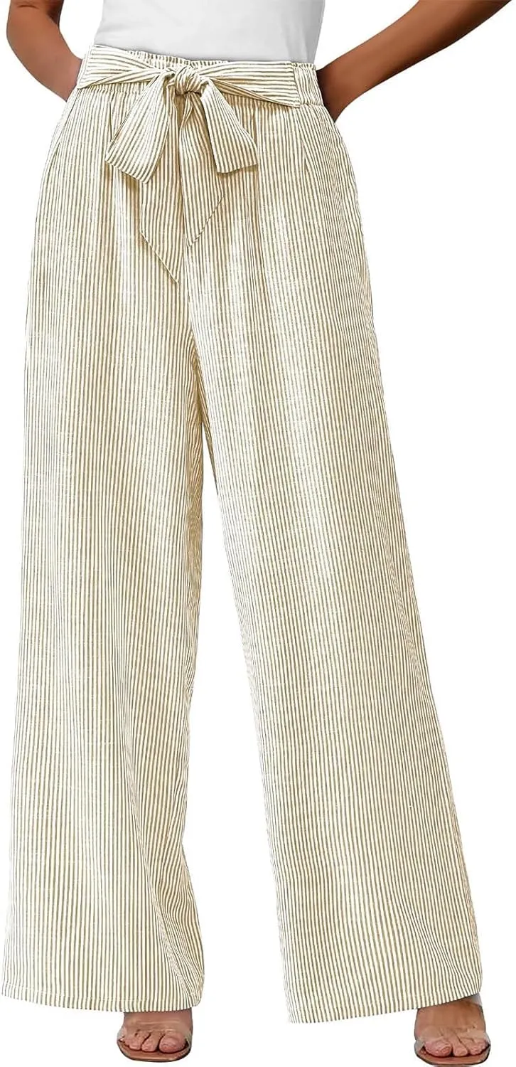 Women's Striped Wide Leg Pants Dressy High Waist Trousers Business Casual Loose Flowy Tie Knot Palazzo Slacks Clothes