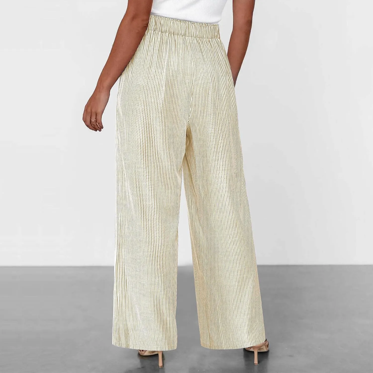 Women's Striped Wide Leg Pants Dressy High Waist Trousers Business Casual Loose Flowy Tie Knot Palazzo Slacks Clothes