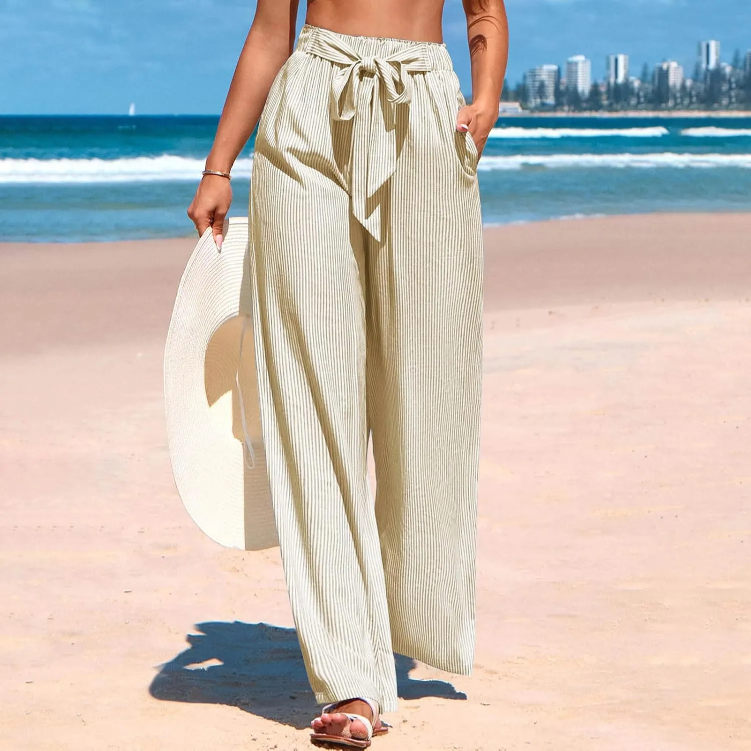 Women's Striped Wide Leg Pants Dressy High Waist Trousers Business Casual Loose Flowy Tie Knot Palazzo Slacks Clothes