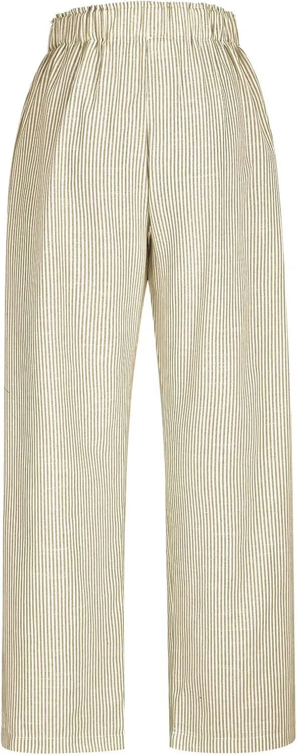 Women's Striped Wide Leg Pants Dressy High Waist Trousers Business Casual Loose Flowy Tie Knot Palazzo Slacks Clothes