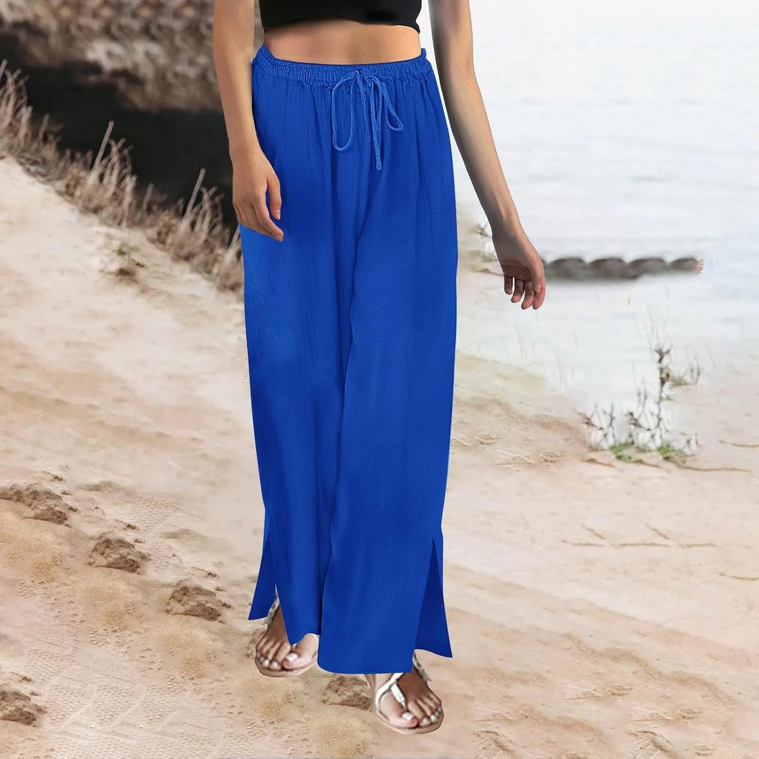 Women's Summer Drawstring Waist Drawstring Pants Gingham Casual Striped Slacks Wide Leg Beach Pants for Women Cotton