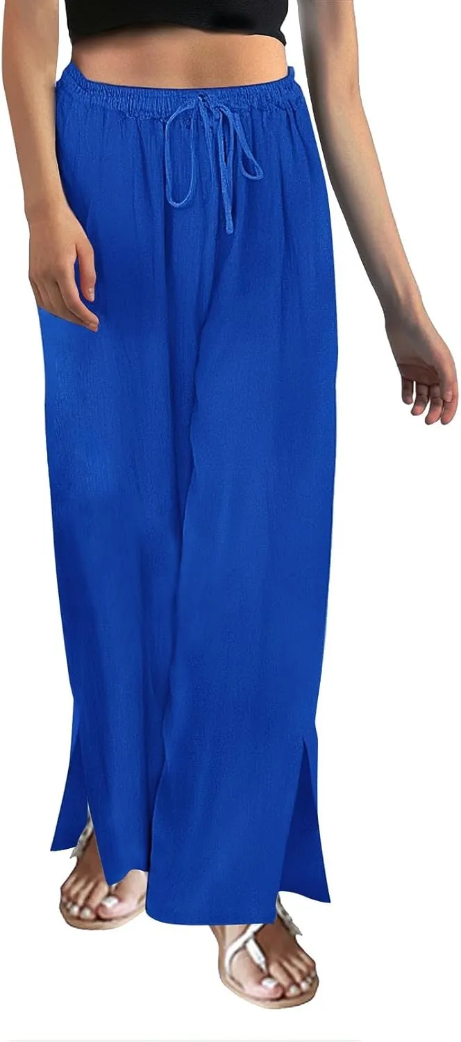 Women's Summer Drawstring Waist Drawstring Pants Gingham Casual Striped Slacks Wide Leg Beach Pants for Women Cotton