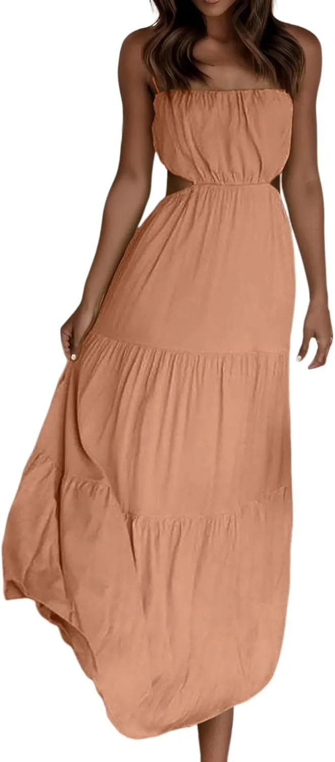 Women's Summer Dress Beach Vacation 2024 Solid Color Sleeveless Casual Sundresses Spaghetti Straps Maxi Dresses