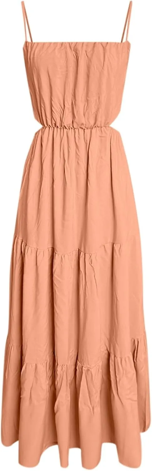 Women's Summer Dress Beach Vacation 2024 Solid Color Sleeveless Casual Sundresses Spaghetti Straps Maxi Dresses
