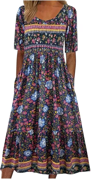 Womens Summer Dresses 2025 Casual Plus Size Dress Trendy Floral Boho Dress Flowy Spring Dress Shirt Dress with Pocket