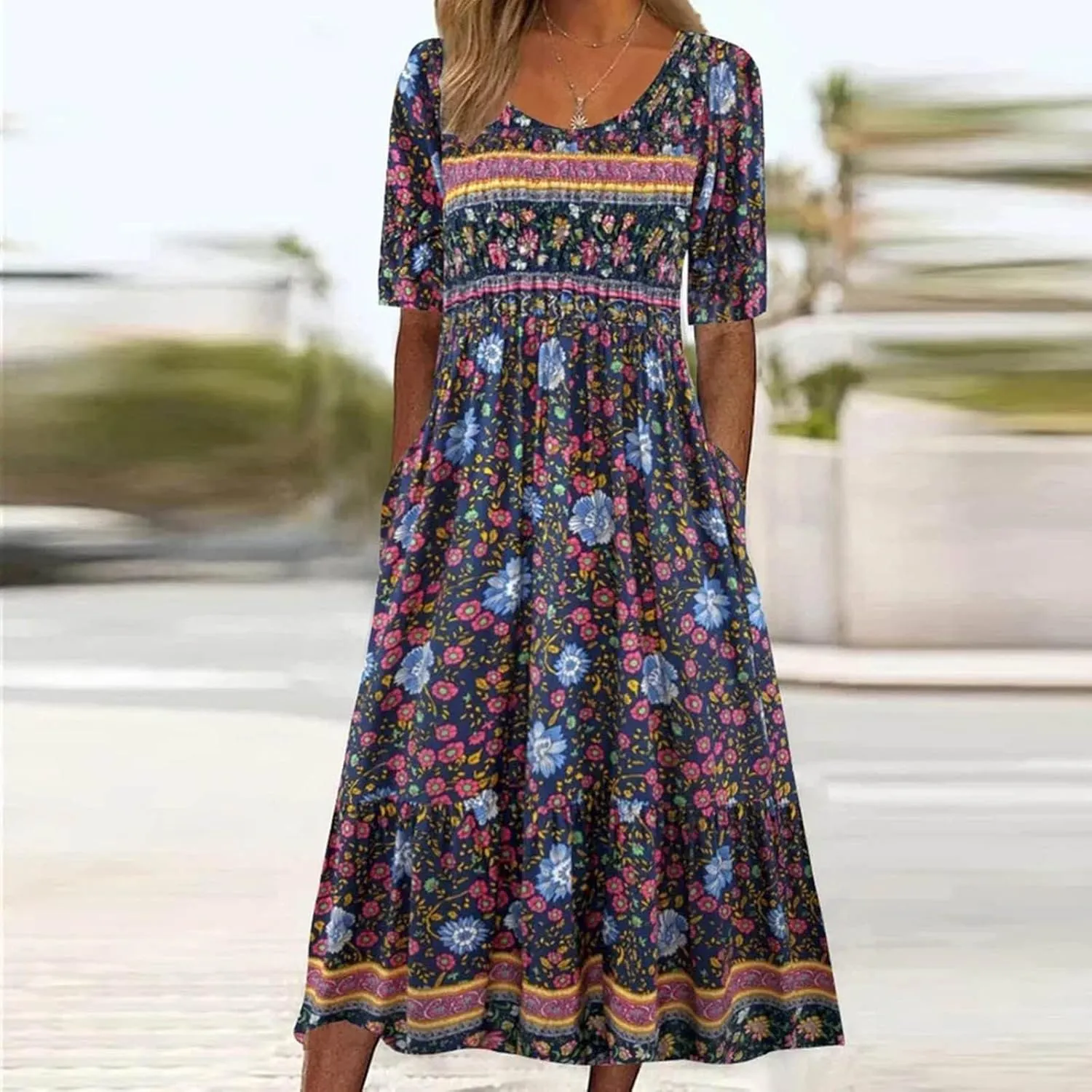 Womens Summer Dresses 2025 Casual Plus Size Dress Trendy Floral Boho Dress Flowy Spring Dress Shirt Dress with Pocket