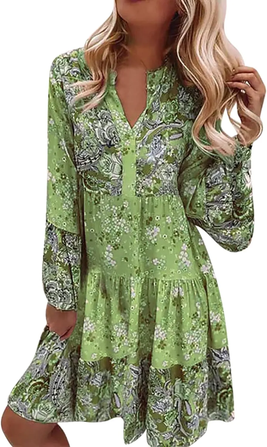 Women's Summer Sundress Long Sleeve Boho Floral Print Sun Dresses for Women Beach Patchwork Skirt 2025 Party Dresses