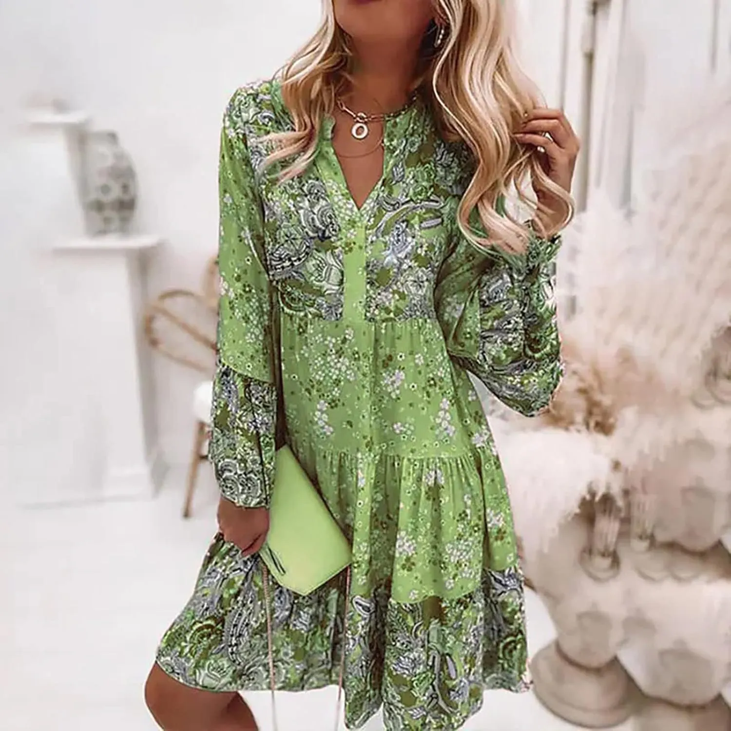 Women's Summer Sundress Long Sleeve Boho Floral Print Sun Dresses for Women Beach Patchwork Skirt 2025 Party Dresses