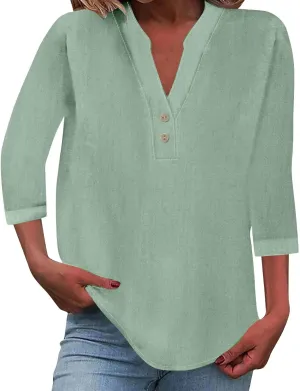 Womens Summer Tops Casual Cotton Linen Short Sleeve Shirts Loose Fit V-Neck Button Fashion Solid Color T-Shirts