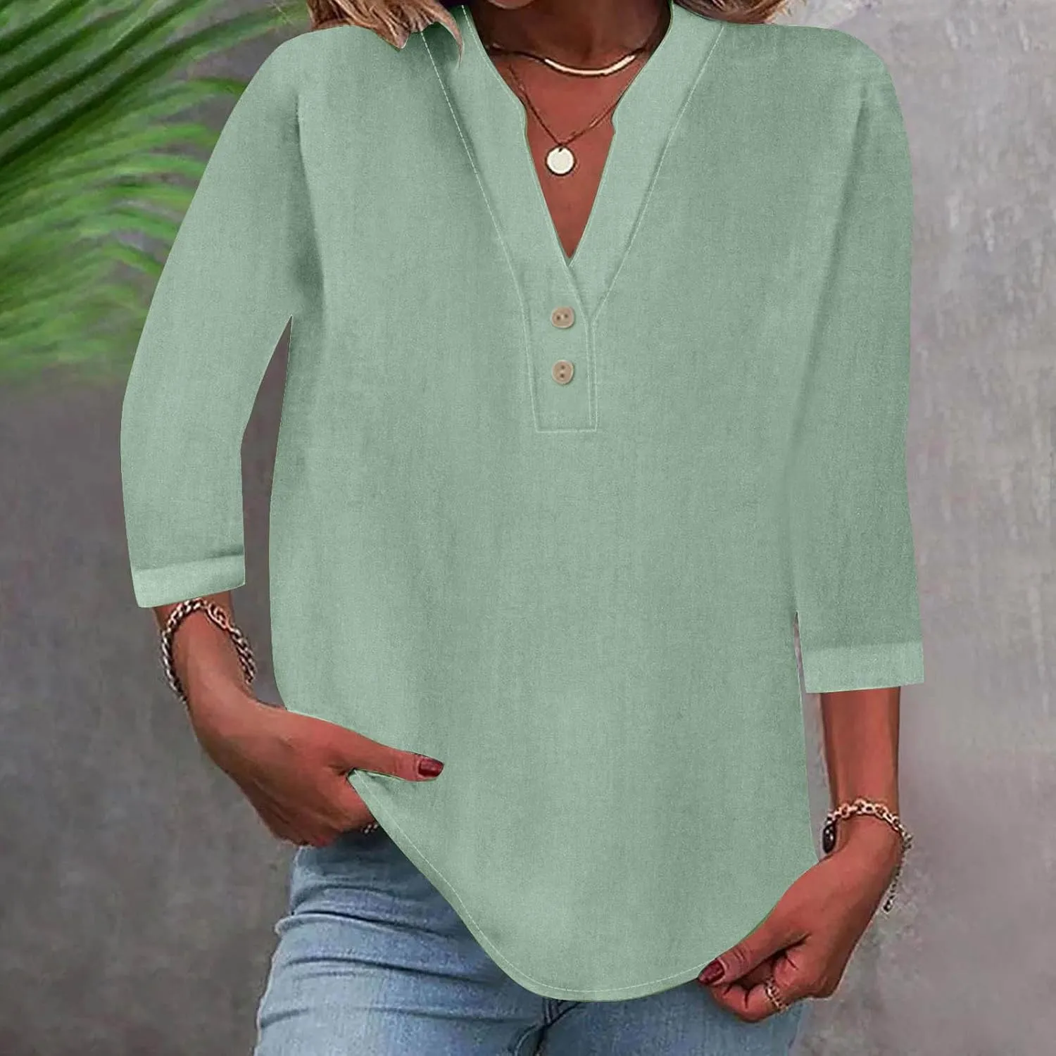Womens Summer Tops Casual Cotton Linen Short Sleeve Shirts Loose Fit V-Neck Button Fashion Solid Color T-Shirts