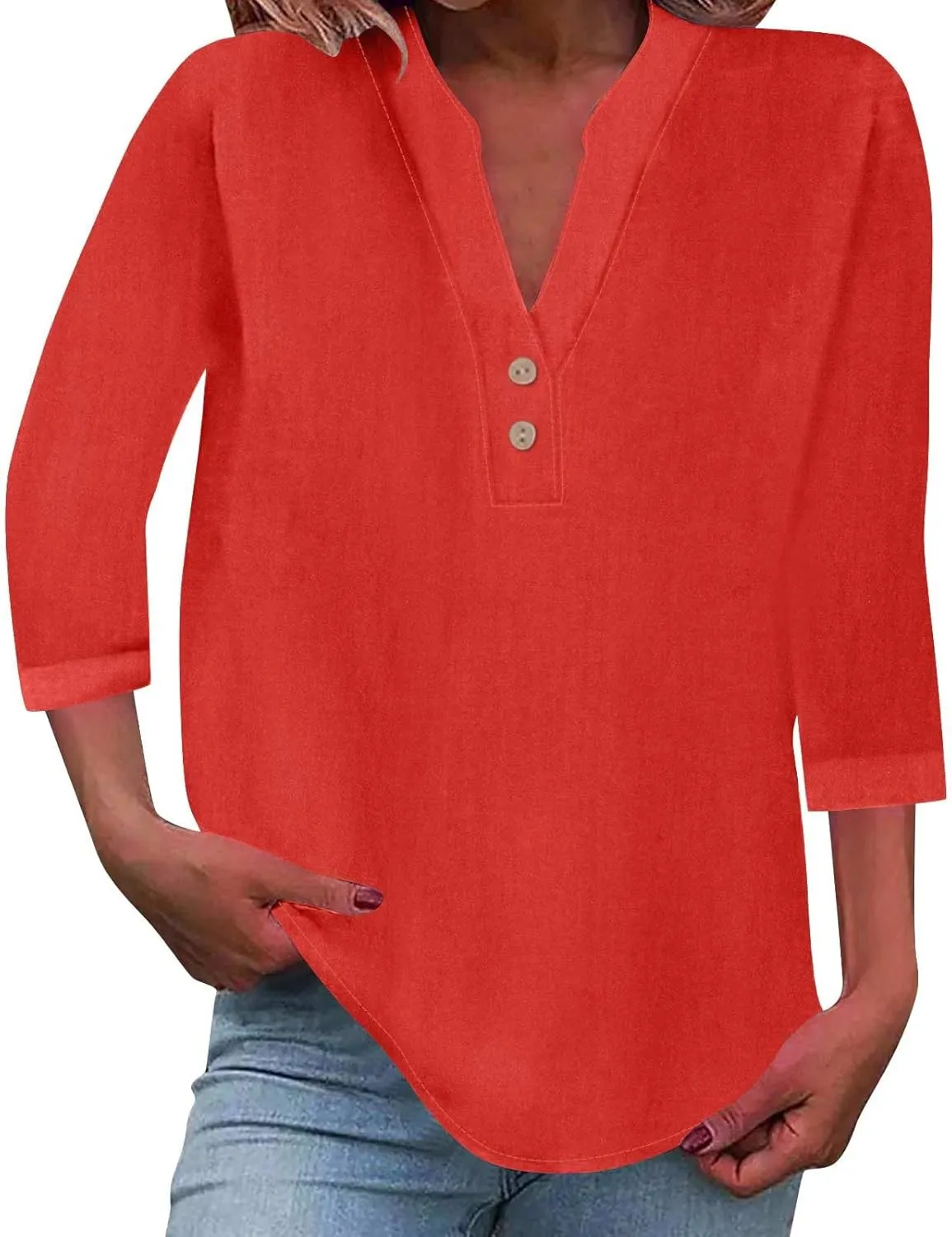 Womens Summer Tops Casual Cotton Linen Short Sleeve Shirts Loose Fit V-Neck Button Fashion Solid Color T-Shirts