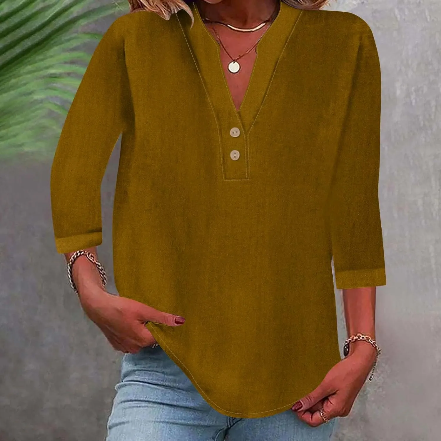 Womens Summer Tops Casual Cotton Linen Short Sleeve Shirts Loose Fit V-Neck Button Fashion Solid Color T-Shirts