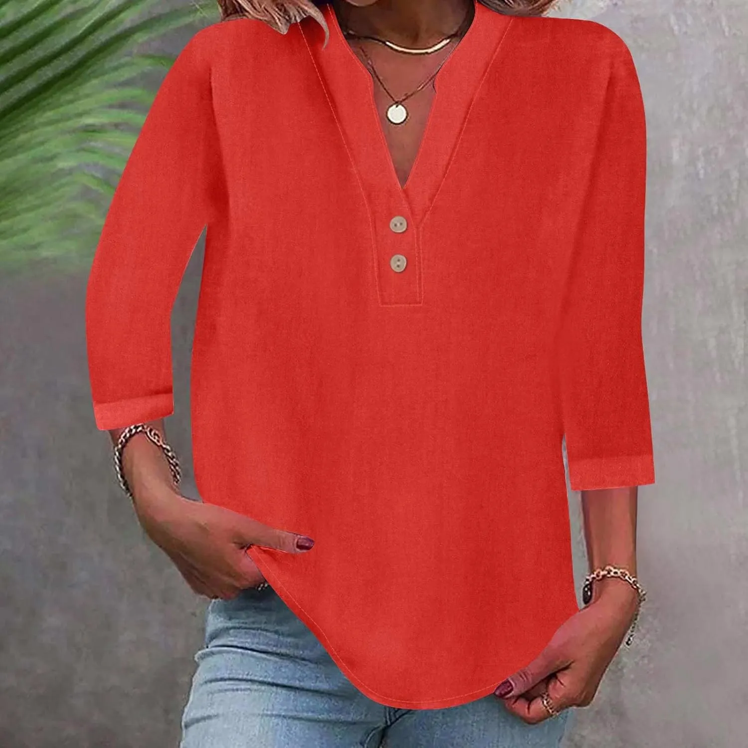Womens Summer Tops Casual Cotton Linen Short Sleeve Shirts Loose Fit V-Neck Button Fashion Solid Color T-Shirts