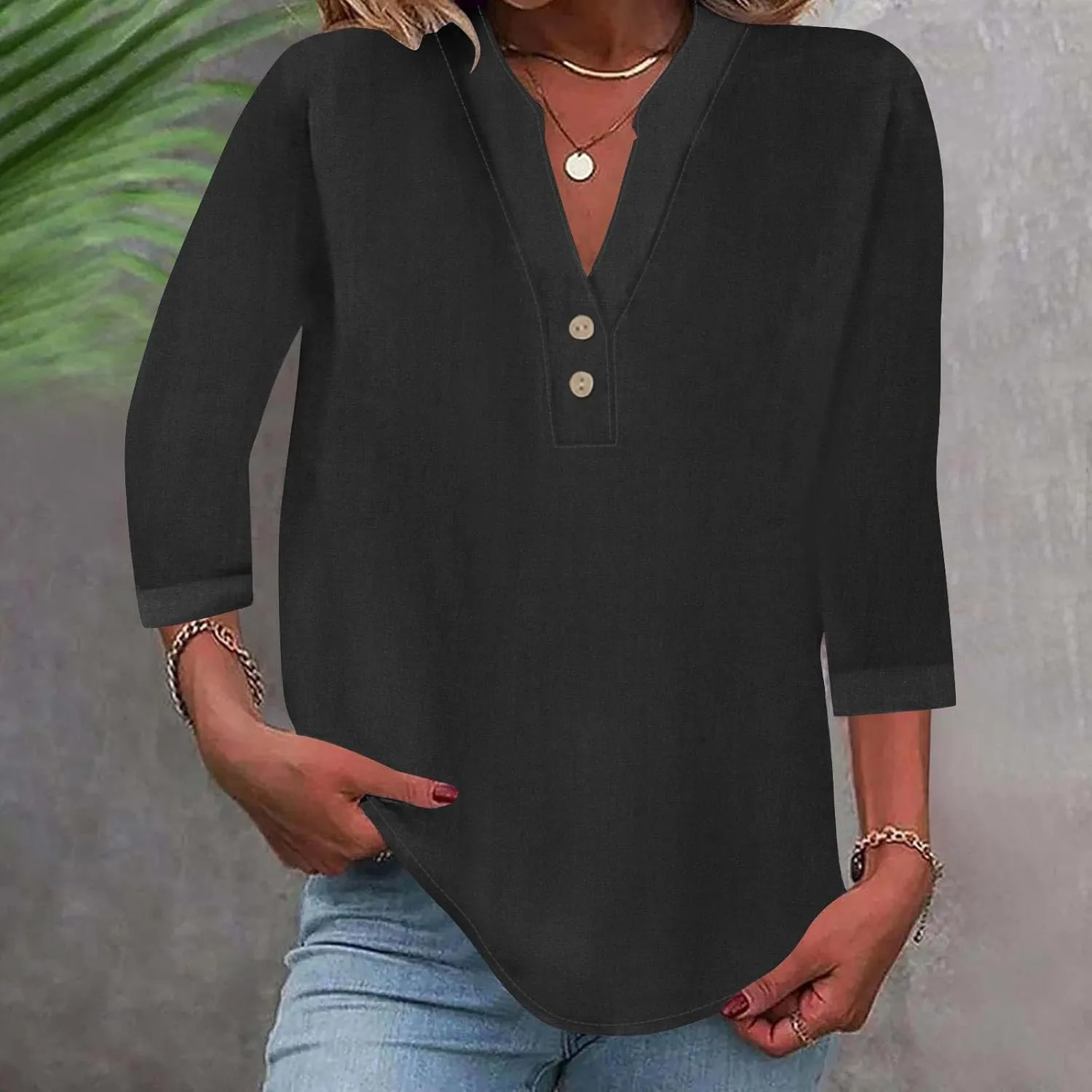 Womens Summer Tops Casual Cotton Linen Short Sleeve Shirts Loose Fit V-Neck Button Fashion Solid Color T-Shirts