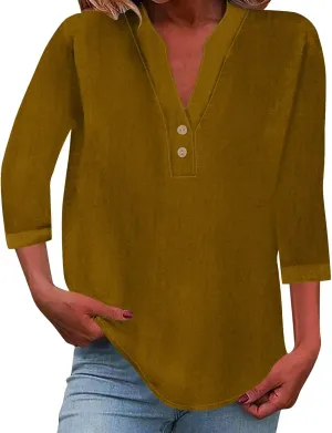 Womens Summer Tops Casual Cotton Linen Short Sleeve Shirts Loose Fit V-Neck Button Fashion Solid Color T-Shirts