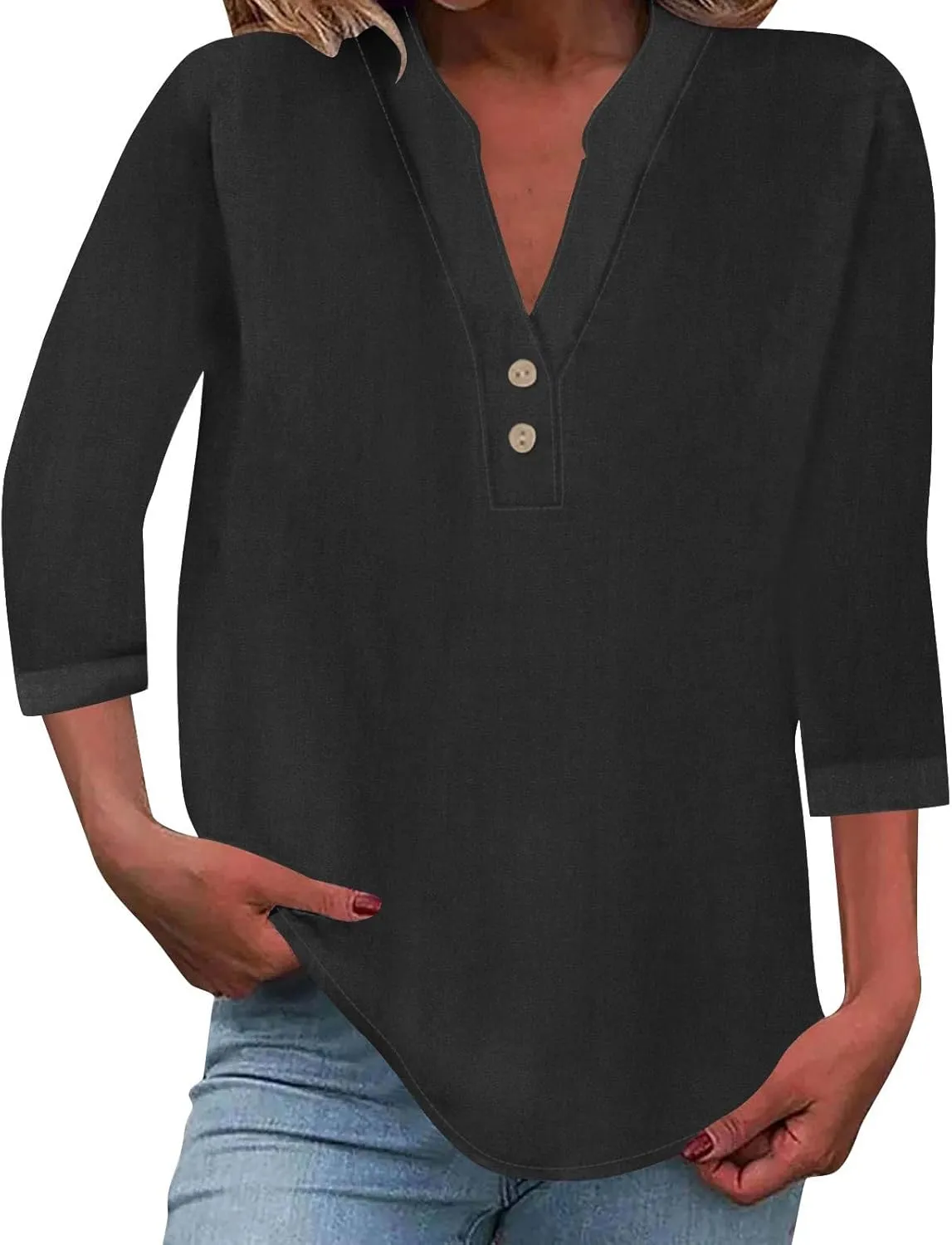 Womens Summer Tops Casual Cotton Linen Short Sleeve Shirts Loose Fit V-Neck Button Fashion Solid Color T-Shirts