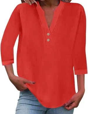 Womens Summer Tops Casual Cotton Linen Short Sleeve Shirts Loose Fit V-Neck Button Fashion Solid Color T-Shirts