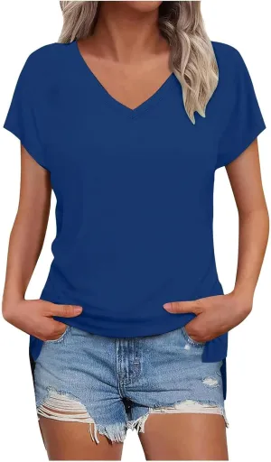Womens Summer V Neck T Shirts Short Sleeve Basic Tee Tops Dressy Casual Loose Fit Cute Tshirt Trendy Fashion Outfits
