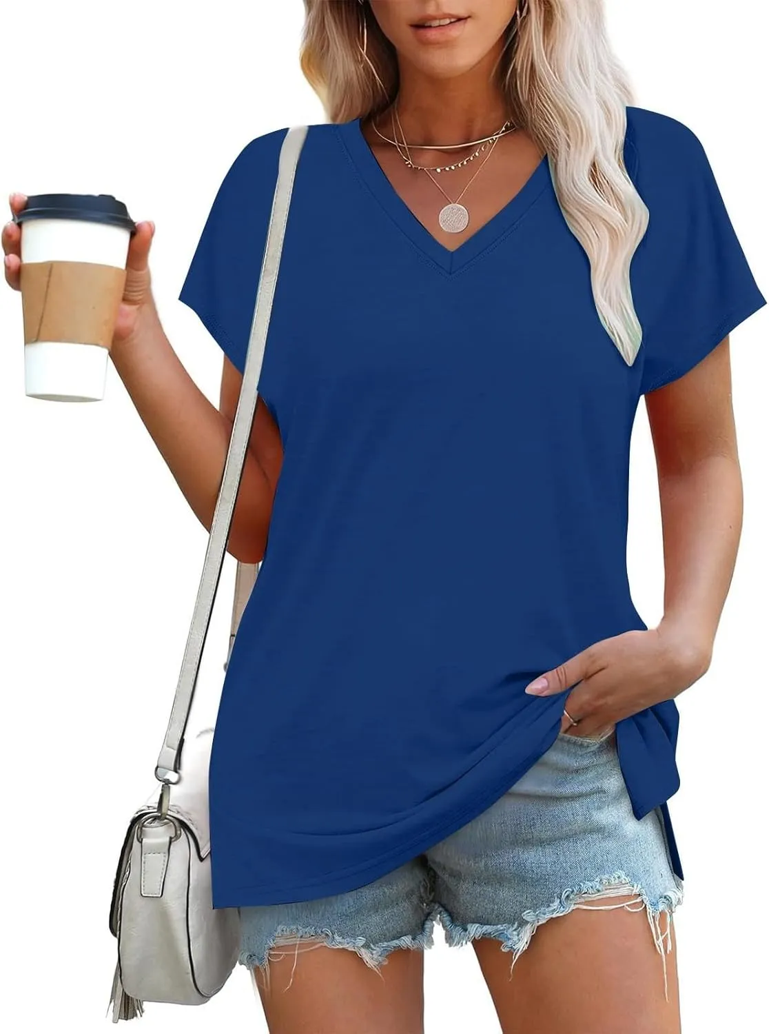 Womens Summer V Neck T Shirts Short Sleeve Basic Tee Tops Dressy Casual Loose Fit Cute Tshirt Trendy Fashion Outfits