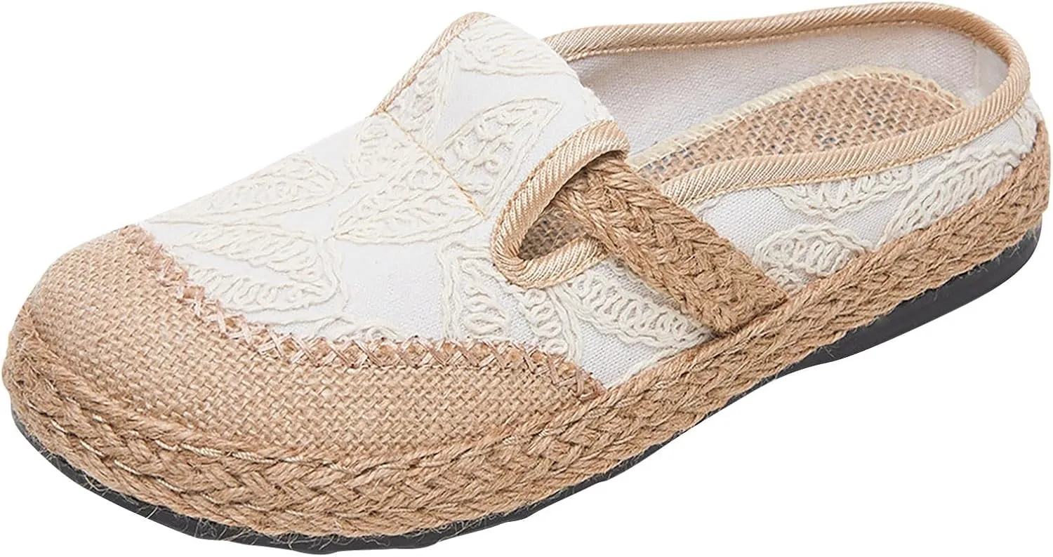 Womens Summer Wedge Heel Loafers Made of Woven Linen with Ethnic Embroidery in Black Half Pack (3.5 UK)