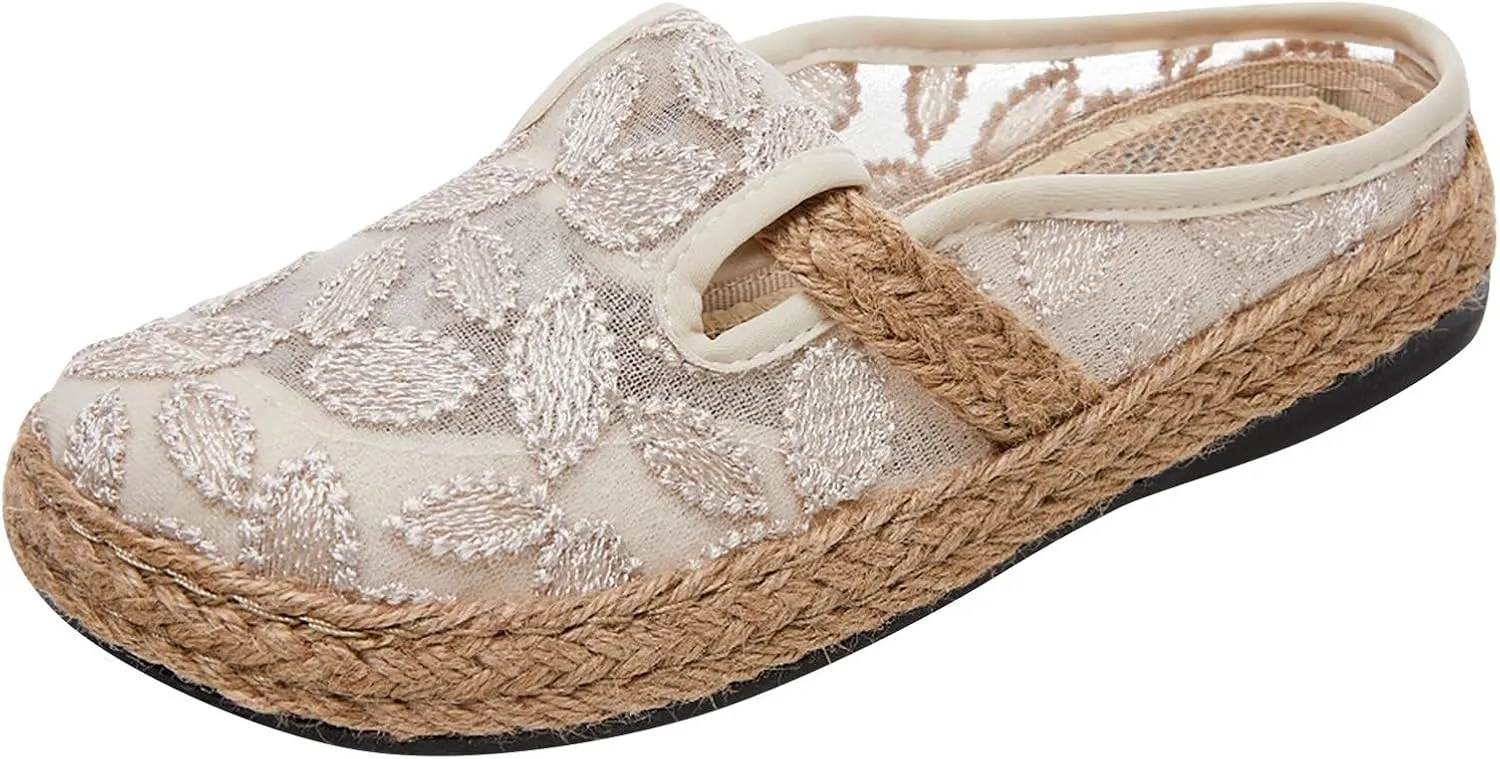 Womens Summer Wedge Heel Loafers Made of Woven Linen with Ethnic Embroidery in Black Half Pack (6.5 UK Beige)