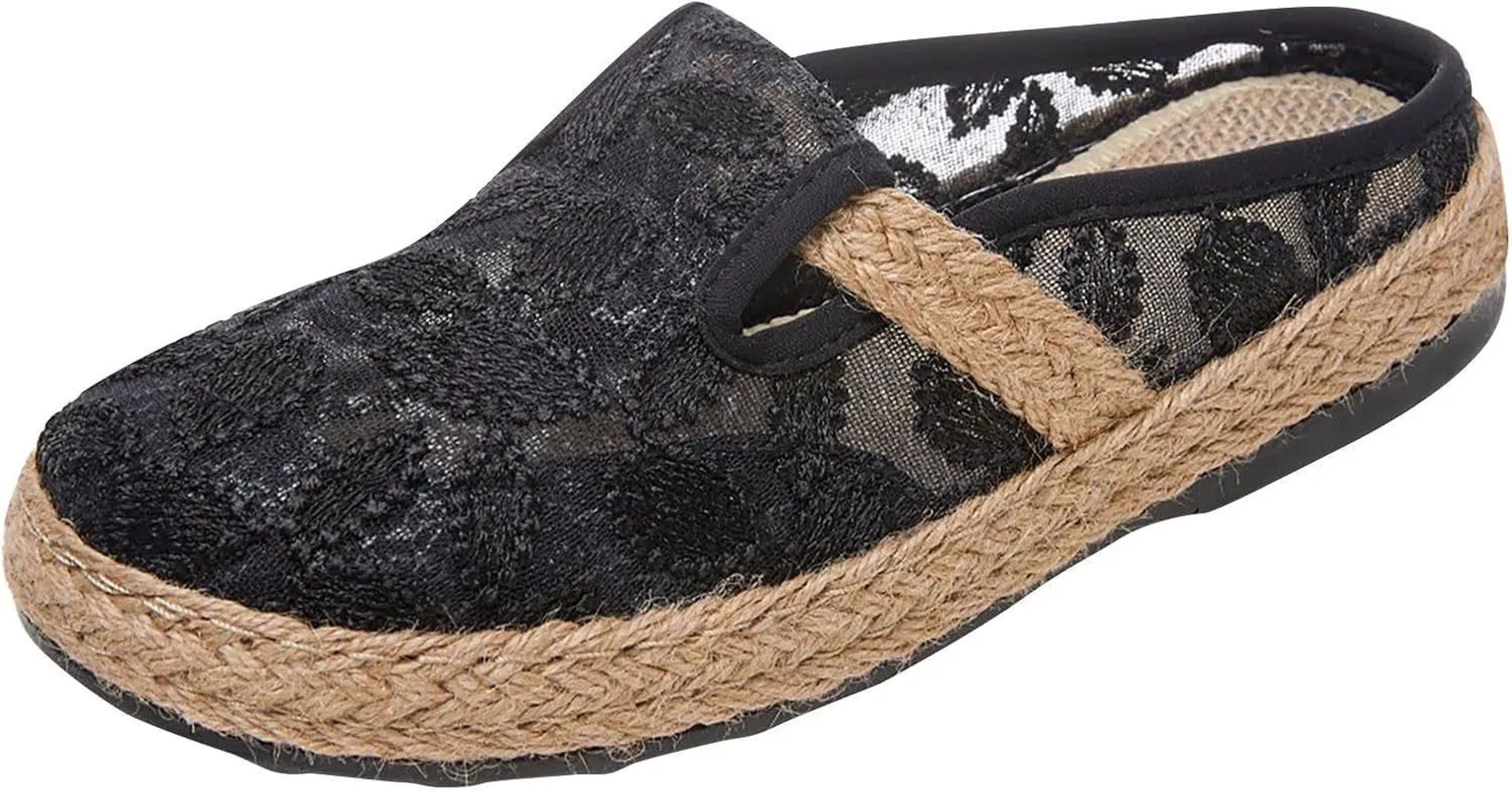 Womens Summer Wedge Heel Loafers Made of Woven Linen with Ethnic Embroidery in Black Half Pack (7.5 UK Bk1)