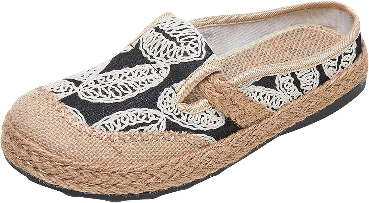 Womens Summer Wedge Heel Loafers Made of Woven Linen with Ethnic Embroidery in Black Half Pack (Bk2)