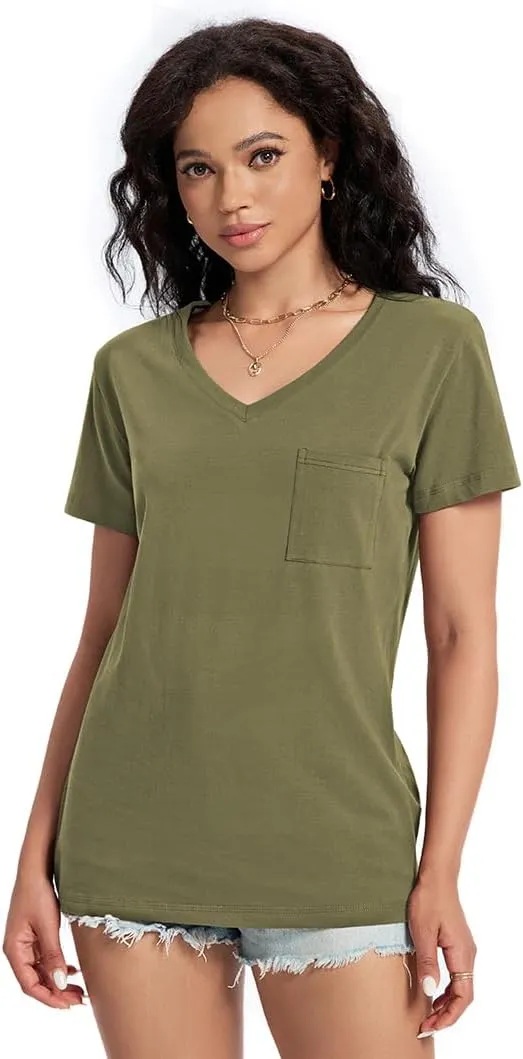 Womens T Shirts V Neck Short Sleeve Shirts Summer Casual Tops Trendy Fashion Pockets Basic Tees Clothes Outfits 2025
