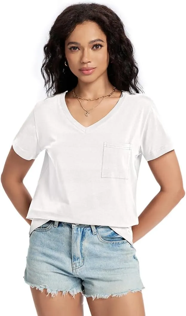 Womens T Shirts V Neck Short Sleeve Shirts Summer Casual Tops Trendy Fashion Pockets Basic Tees Clothes Outfits 2025