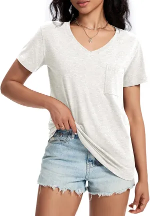 Womens T Shirts V Neck Short Sleeve Shirts Summer Casual Tops Trendy Fashion Pockets Basic Tees Clothes Outfits 2025