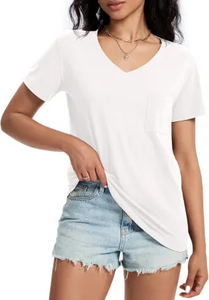 Womens T Shirts V Neck Short Sleeve Shirts Summer Casual Tops Trendy Fashion Pockets Basic Tees Clothes Outfits 2025