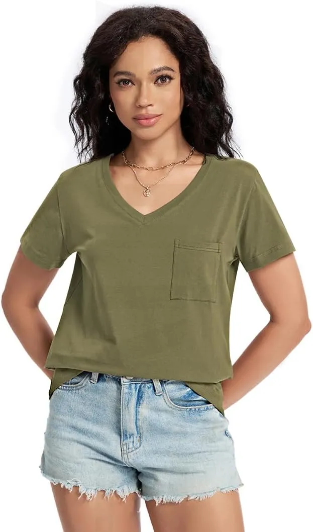 Womens T Shirts V Neck Short Sleeve Shirts Summer Casual Tops Trendy Fashion Pockets Basic Tees Clothes Outfits 2025